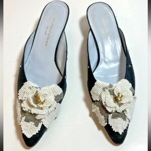 Vintage black white floral beaded kitten heel alt seen on Matilda Djerf 7M